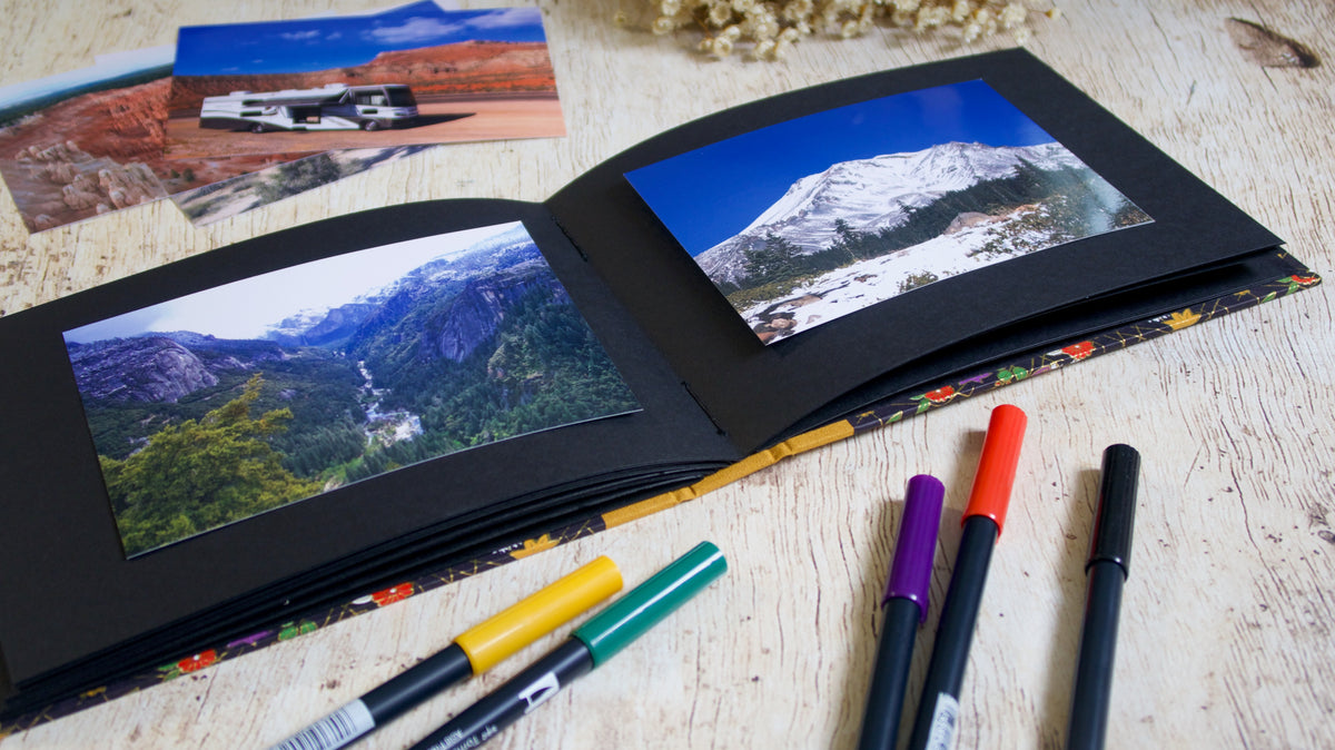 Album photos A5 paysage personnalisable, couverture papier japonais et dos toile, reliure long stitch