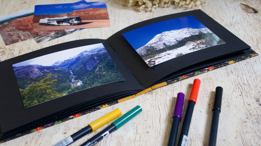 Album photos A5 paysage personnalisable, couverture papier japonais et dos toile, reliure long stitch